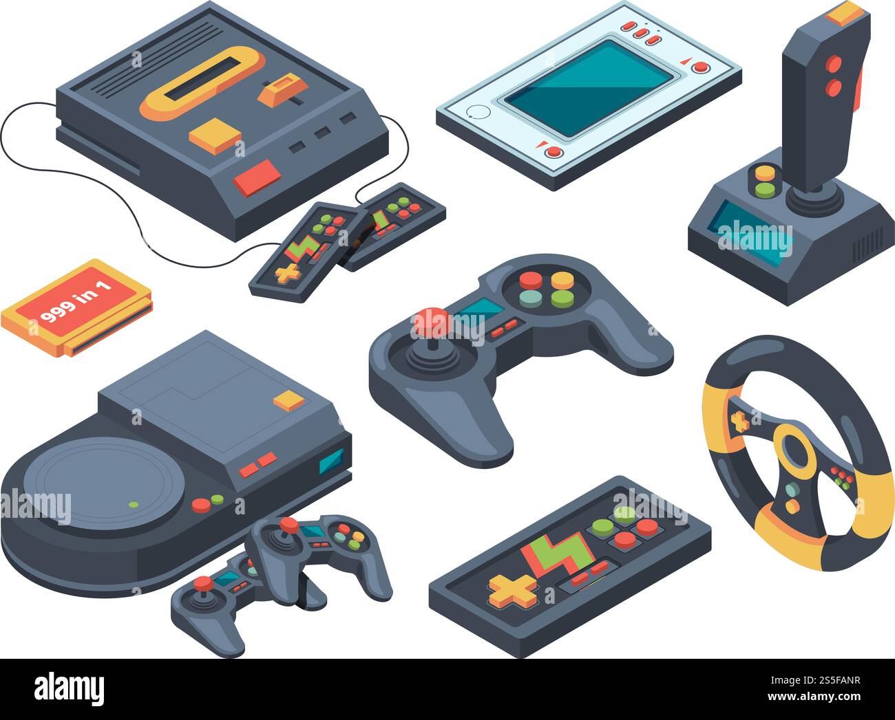 Video game console and different technical gadgets. Game console and play electronic arcade illustration vector. Video game console and different technical gadgets Stock Vector