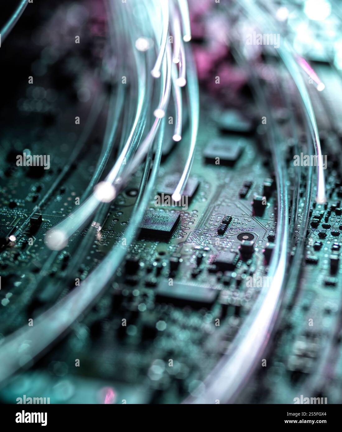 Fibre optics carrying data at speed to a computer Stock Photo