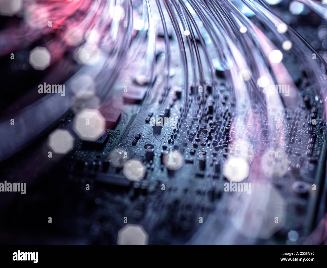 Fibre optics carrying data at speed to a computer Stock Photo