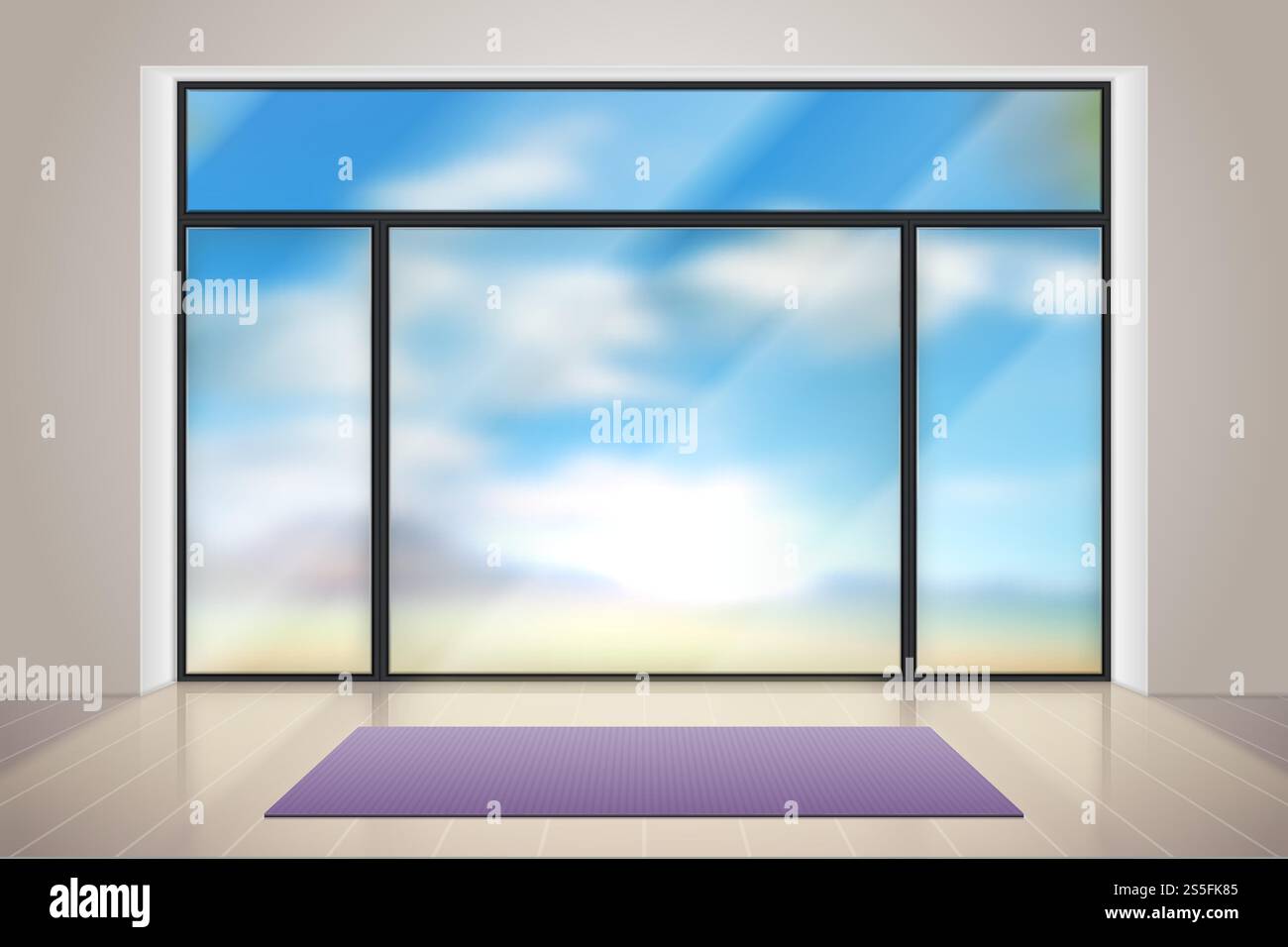 Gym Inside Window Gym glass. Realistic room with big glass window. Empty fitness gym ...