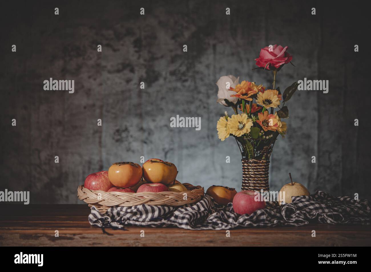 Still life with flower vases and fruit baskets Stock Photo - Alamy