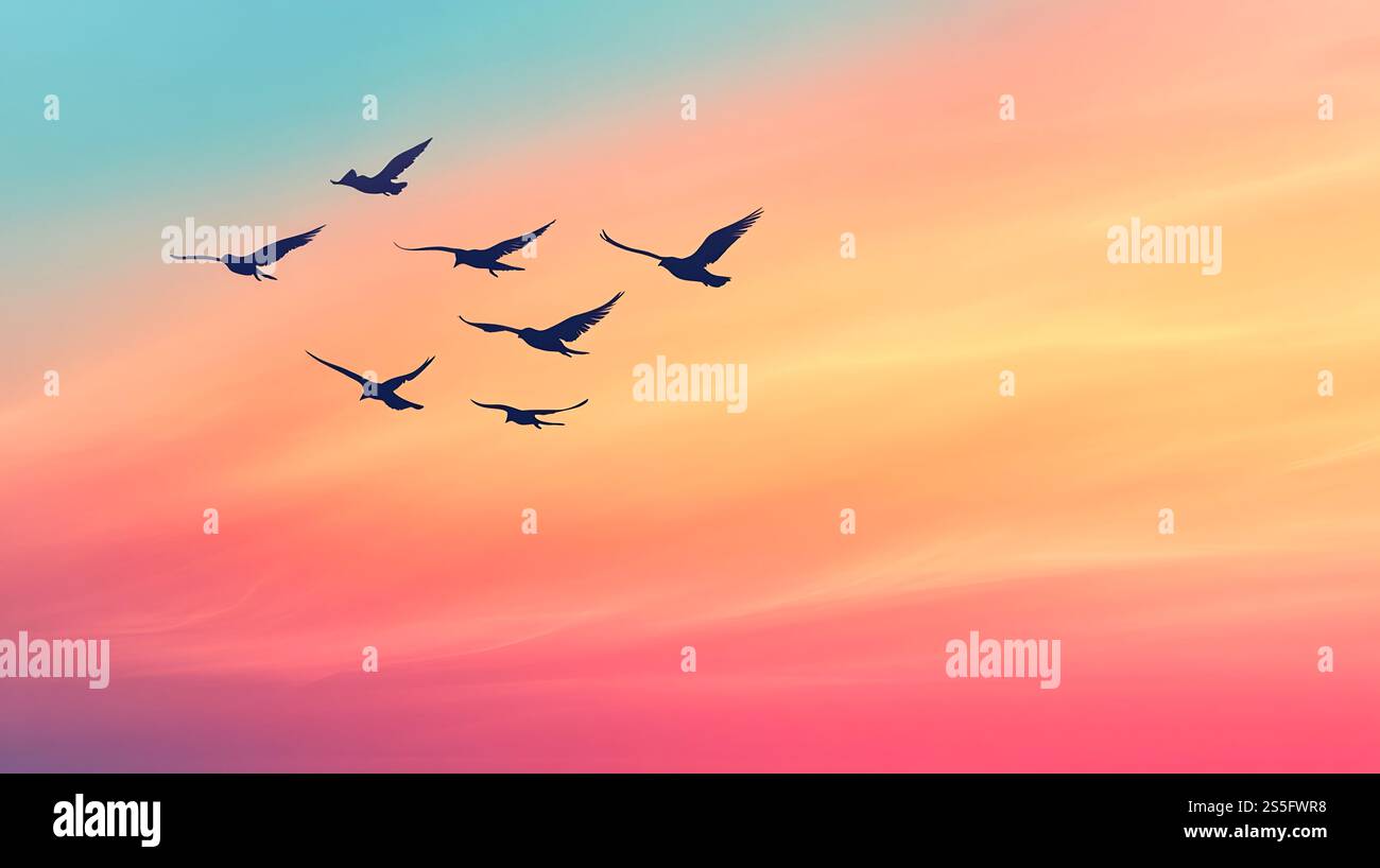 Flock of birds silhouetted against a vibrant,colorful sunset sky,conveying a sense of freedom,movement,and the beauty of the natural world. Stock Photo