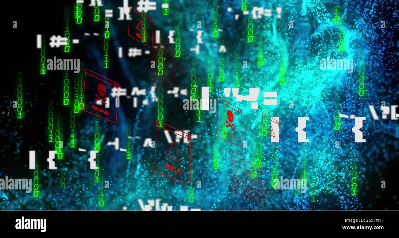 Image of malware text with skull and bones, binary coding and data processing Stock Photo