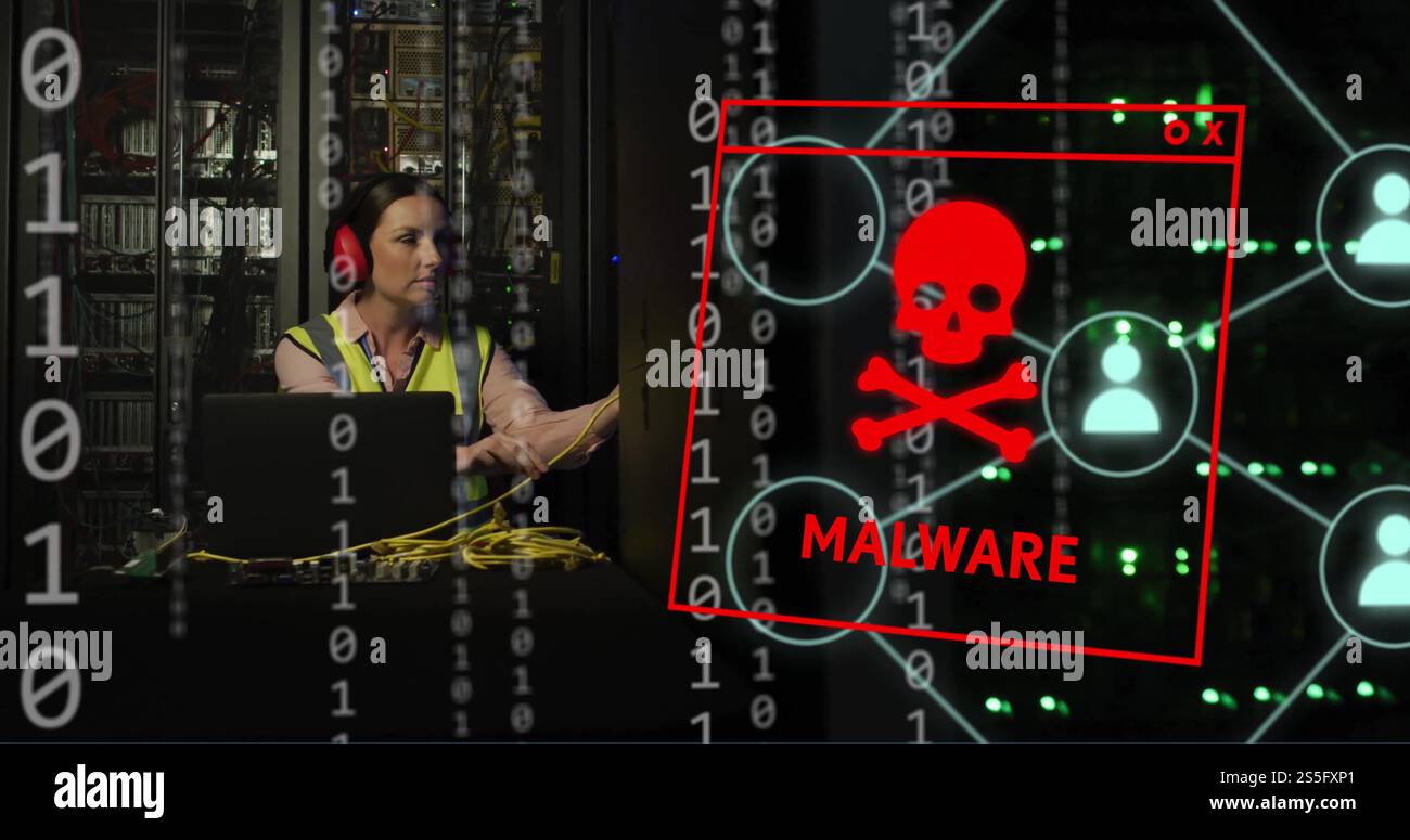Image of malware text, binary coding and caucasian female it engineer by computer servers Stock Photo
