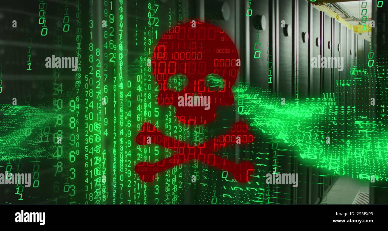 Image of skull and bones, binary coding and data processing over computer servers Stock Photo