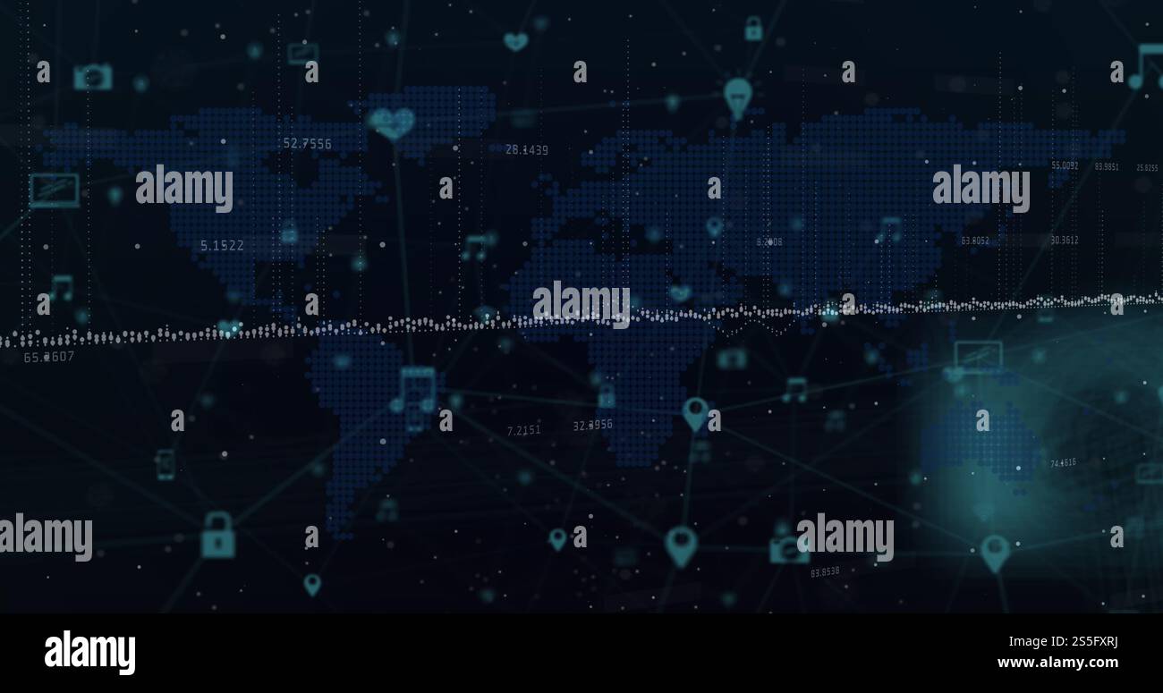 Image of molecules over glowing blue grid Stock Photo