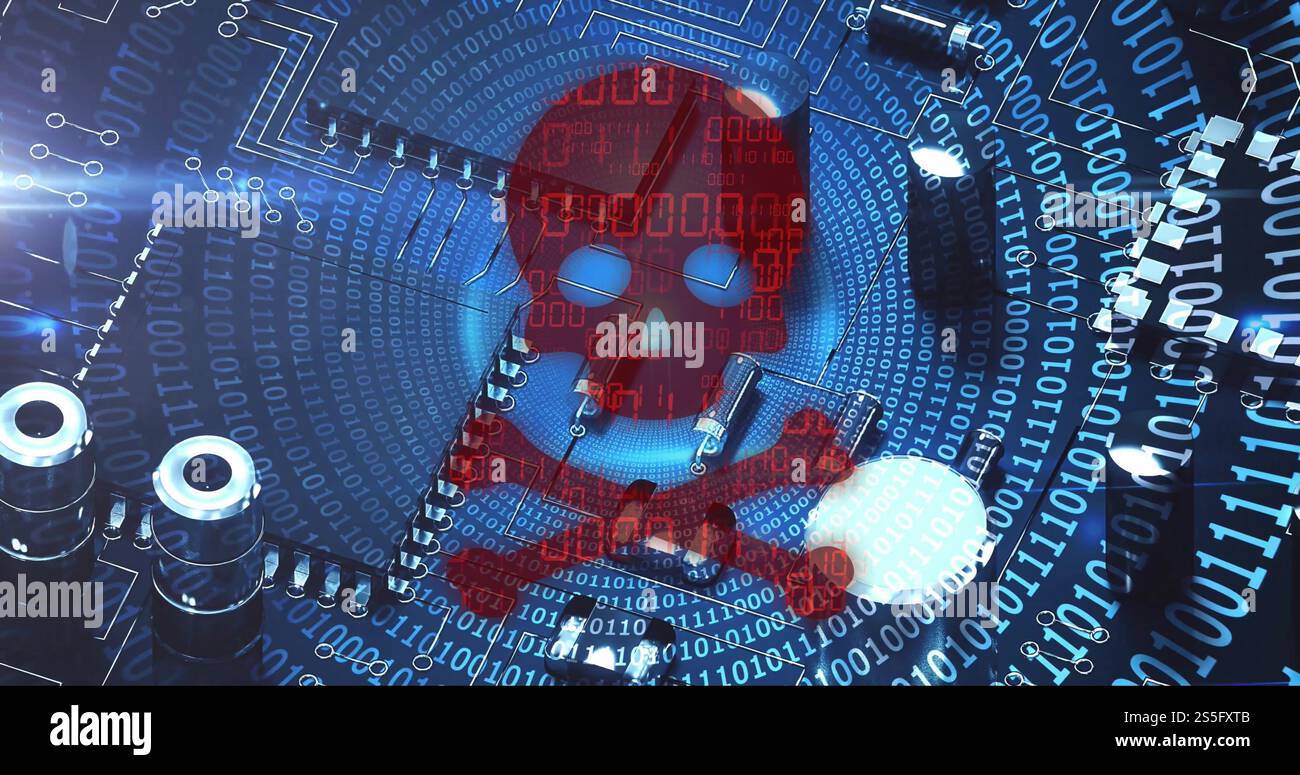 Image of skull and bones, binary coding and data processing over computer servers Stock Photo