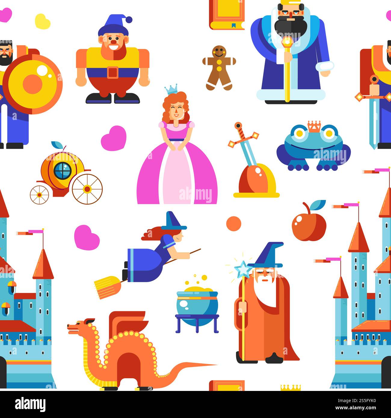 Disneyland princess and wizards, castle seamless pattern vector. Queen wearing crown, dragon and frog, witch and book, carriage for lady in dress. Love potion in pot, ripe apple fruit and sword. Disneyland princess and wizards, castle seamless pattern vector. Stock Vector