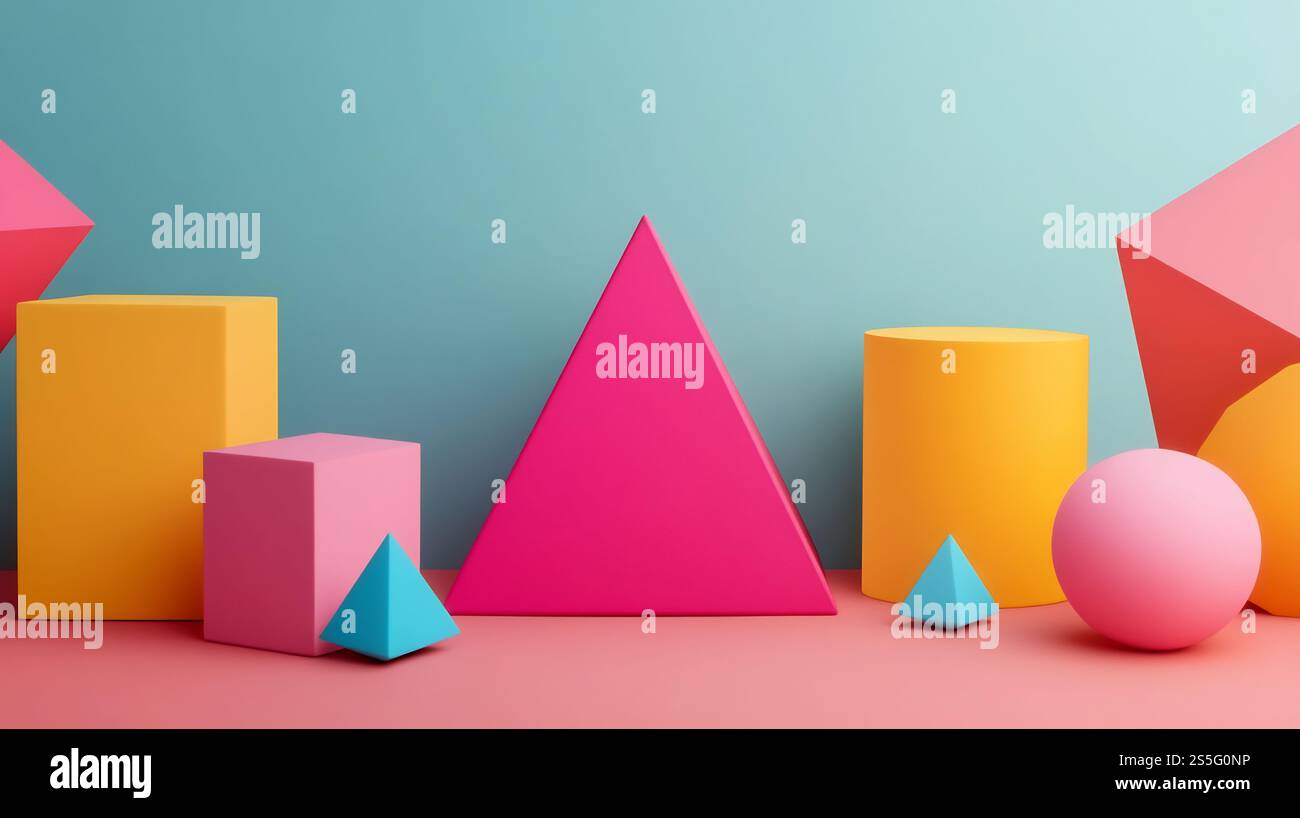 Vibrant 3D geometric shapes in a range of neon colors,including cubes ...