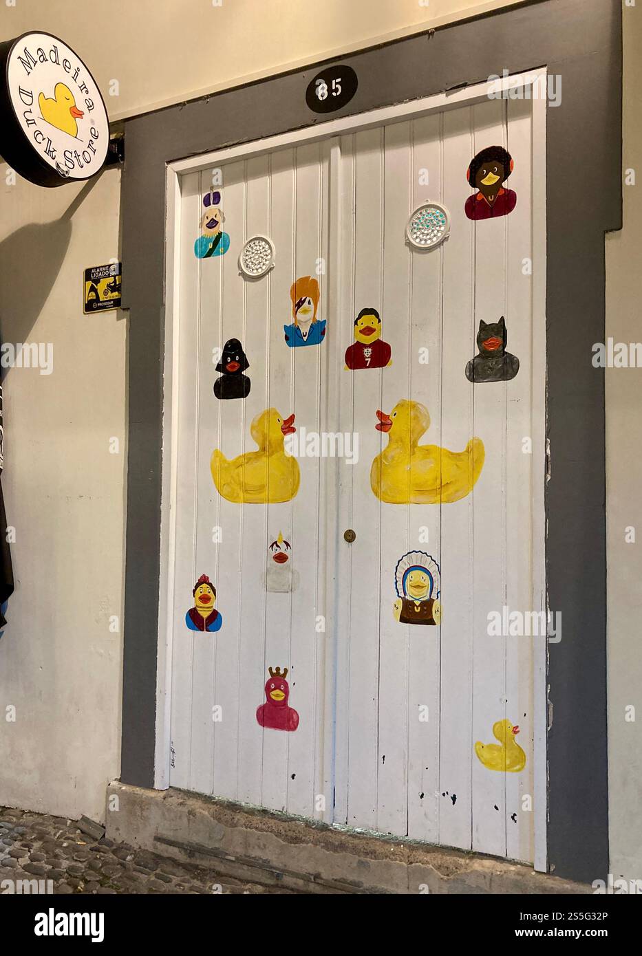Artwork on the doors of the Duck Shop in Rua de Santa Maria in the Zona Velha in Funchal, Madeira. - Smartphone Captured Stock Image