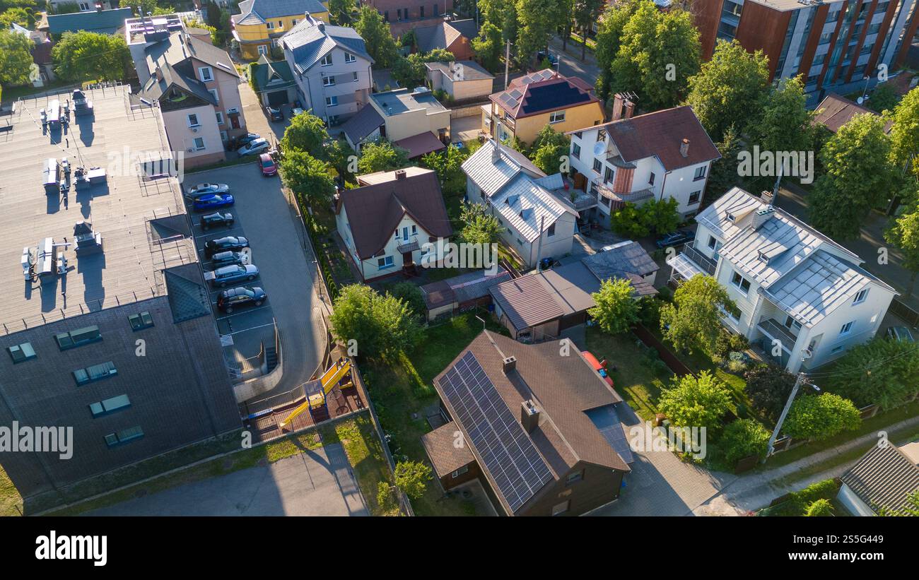Aerial view of a residential neighborhood with modern and traditional ...