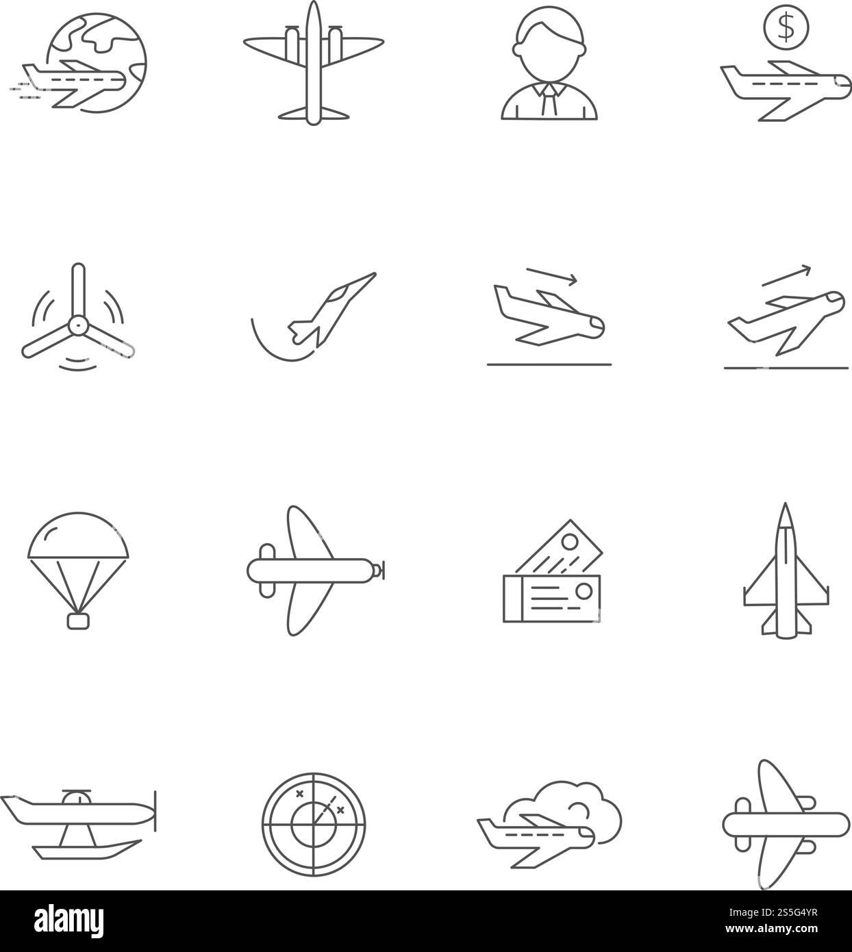 Aircraft line icons. Airplane travelling symbols of avia company vector outline pictures. Airplane travel, aircraft plane, air aviation outline illustration. Aircraft line icons. Airplane travelling symbols of avia company vector outline pictures Stock Vector