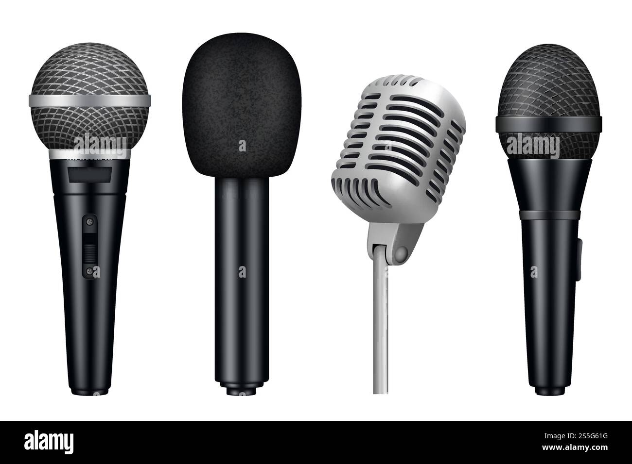 Microphones 3d. Music studio misc mic equipment vector realistic ...