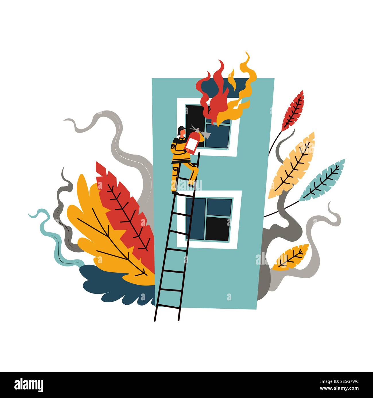 Fire brigade, man firefighter climbing on ladder to save life of person ...