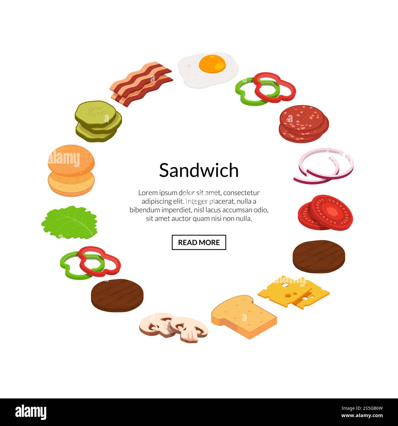 Vector isometric burger ingredients in circle shape with place for text illustration. Vector isometric burger ingredients illustration color flat Stock Vector