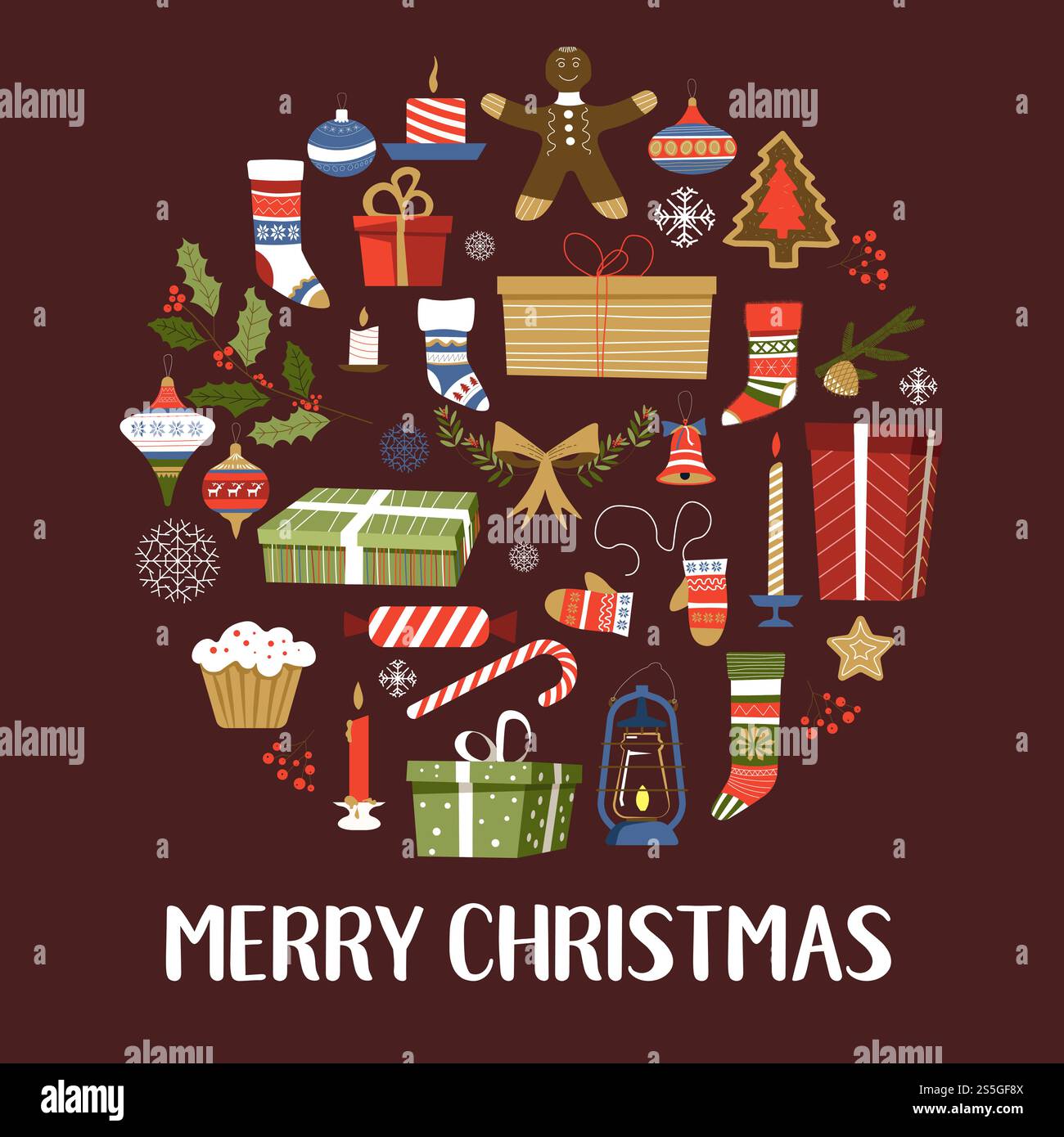 Merry Christmas symbols of New Year, signs set vector. Presents and gifts in boxes, cooked ...