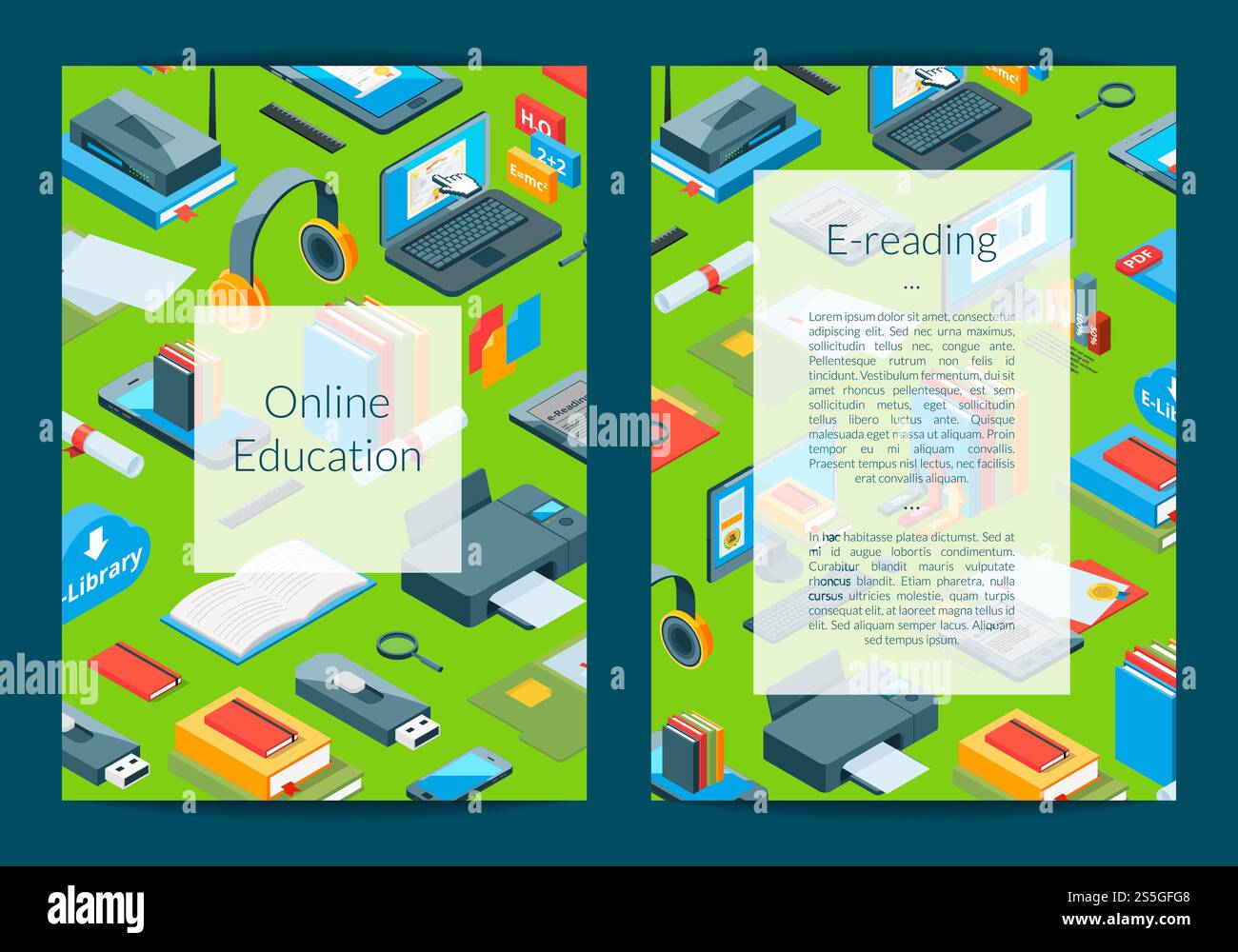 Vector isometric online education icons card or flyer template ...