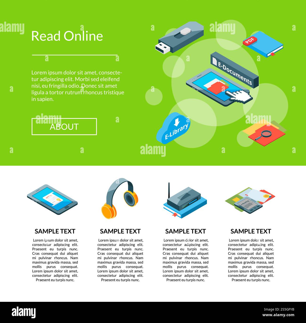 Vector 3d isometric online education icons landing web page banner ...