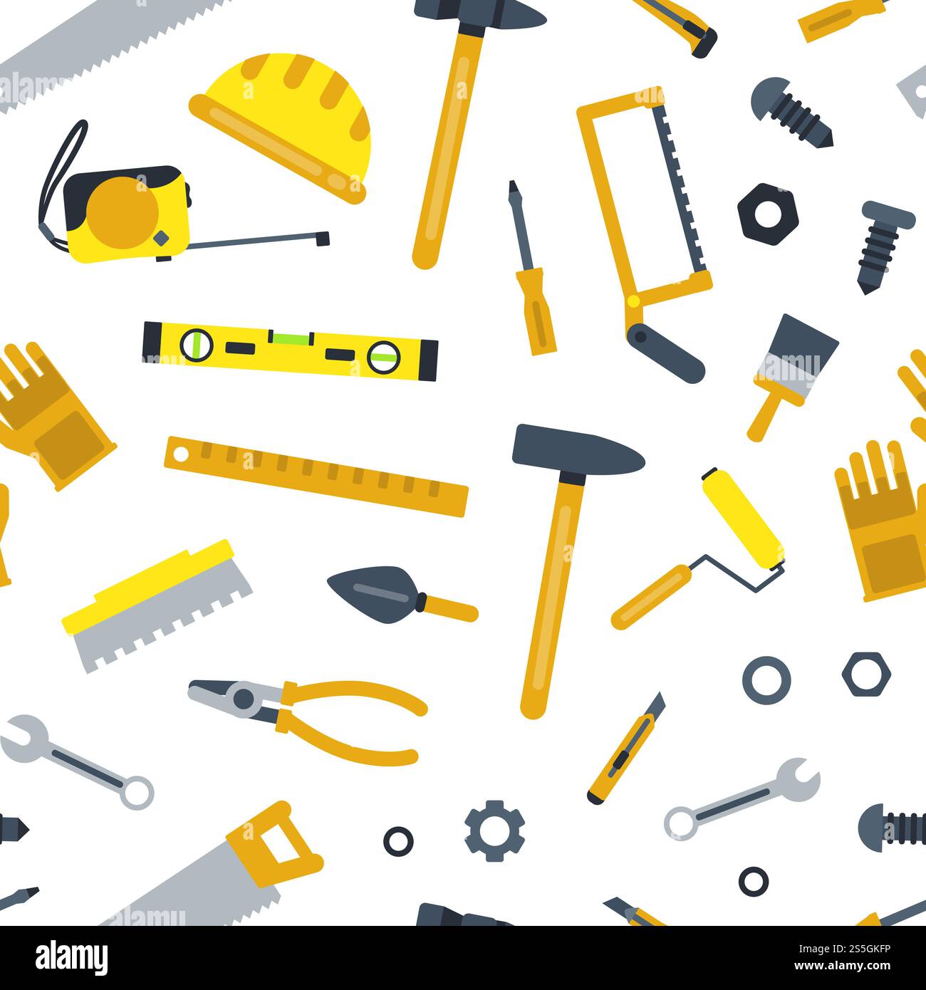 Vector flat construction tools pattern or background illustration. Hammer and screwdriver, wrench spanner, roller and cutter. Vector flat construction tools pattern or background illustration Stock Vector
