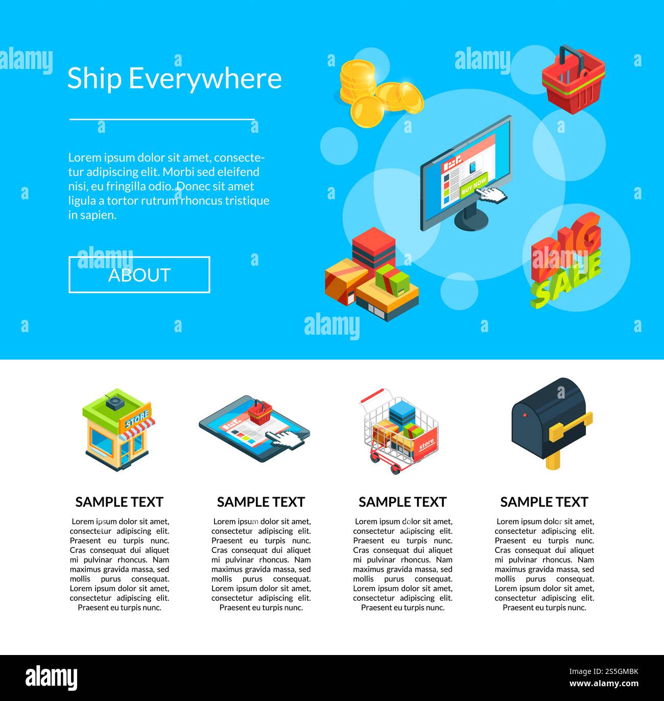 Vector isometric logistics and delivery icons landing web page template ...