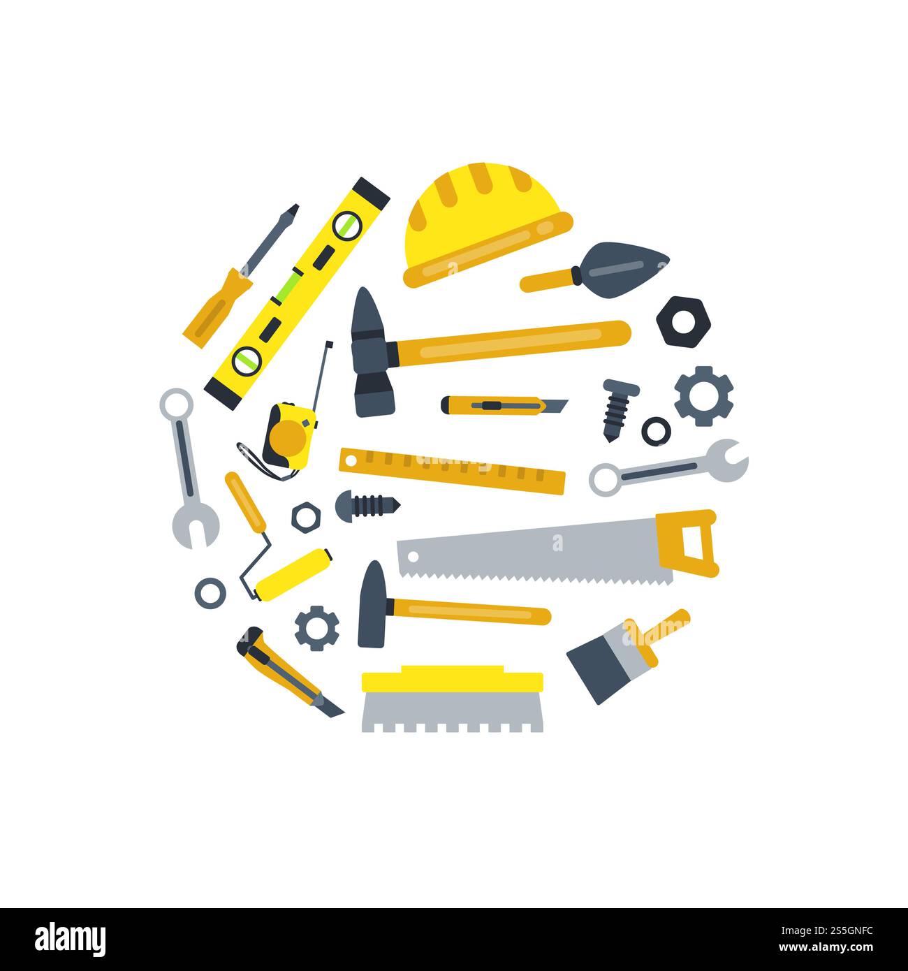 Vector flat construction tools in circle shape isolated on white ...