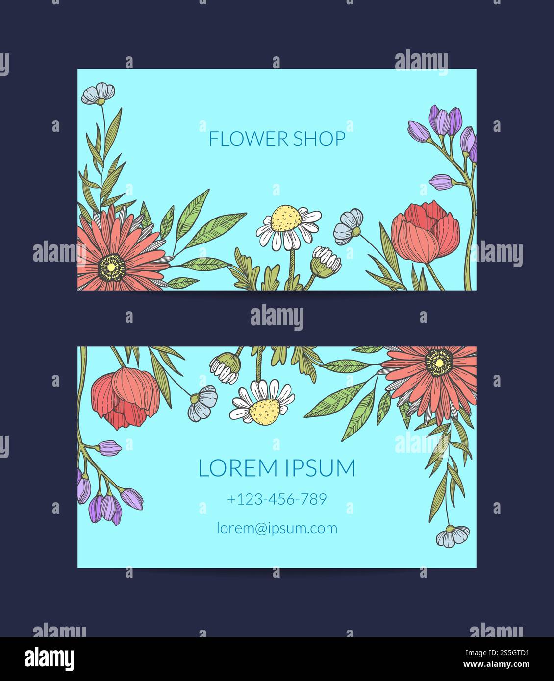 Vector hand drawn flowers business card template illustration for shop ...