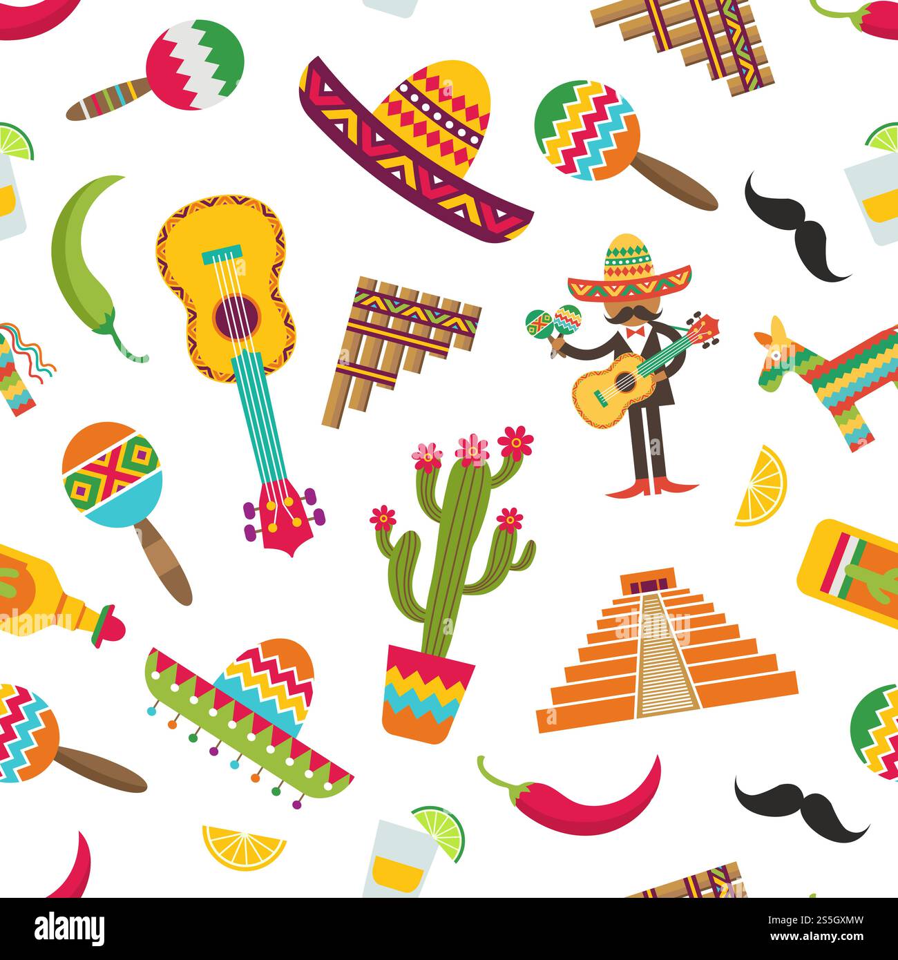 Vector flat colored mexico attributes set pattern or background illustration. Vector flat Mexico attributes pattern or background illustration Stock Vector
