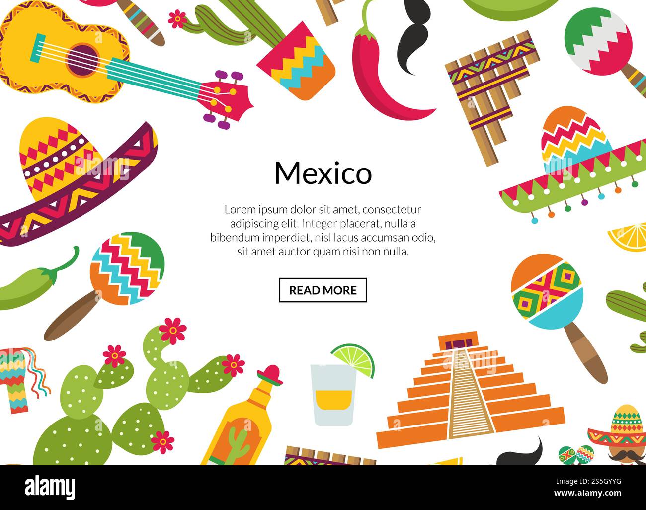 Vector flat Mexico attributes background with place for text illustration. Vector flat Mexico attributes background place for text Stock Vector