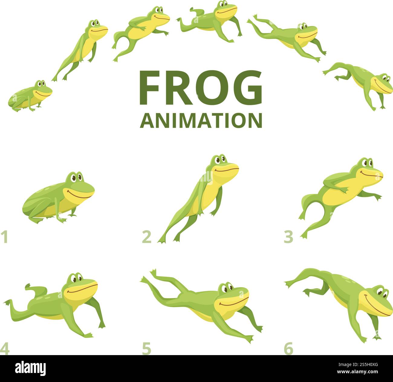 Frog jumping animation. Various keyframes for green animal. Vector frog ...
