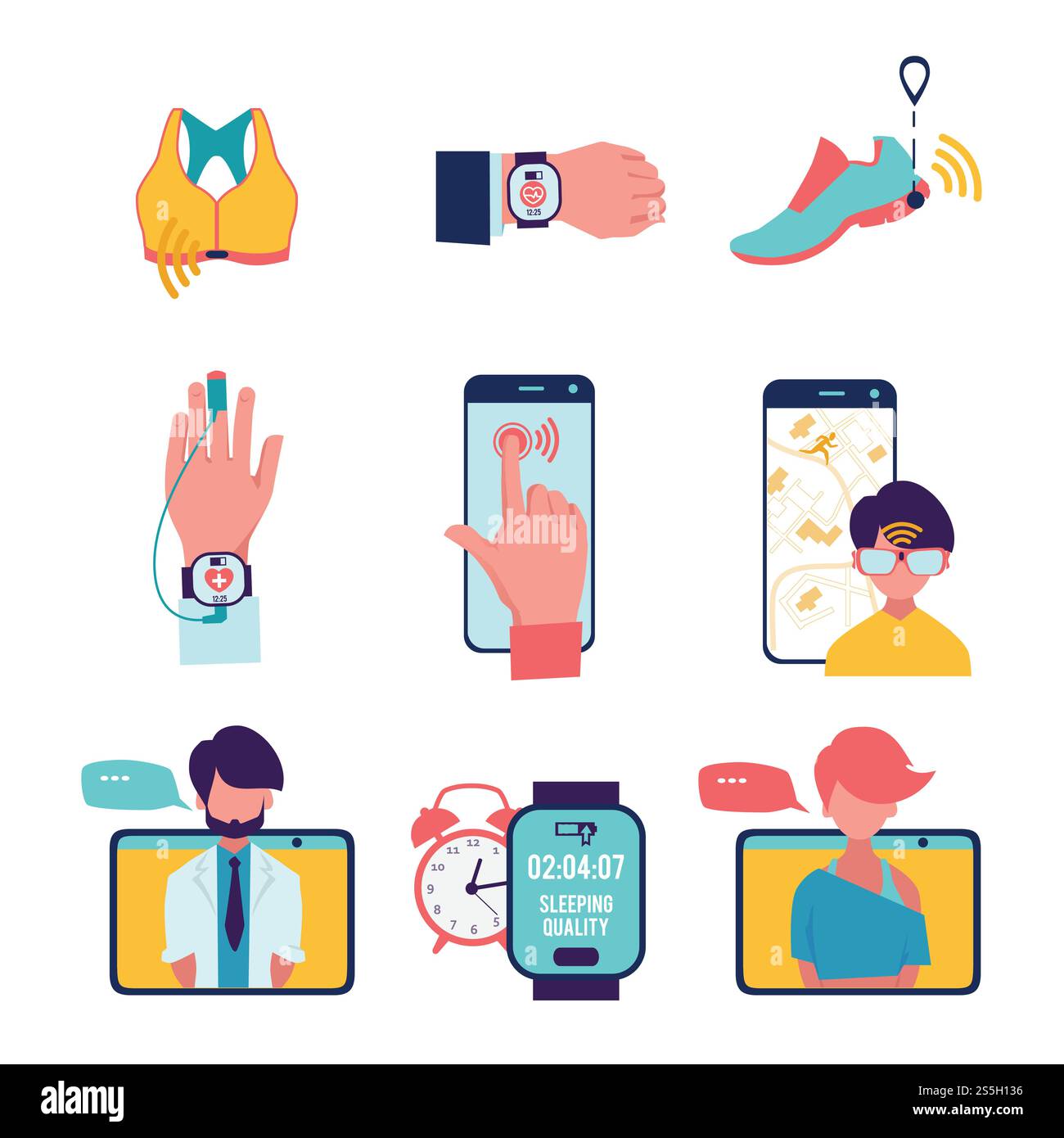 Medicine with computer technologies. Vector healthcare icons set isolate. Run sport, online consultation, time and pulsometer, tracker for personal training. Medicine with computer technologies. Vector healthcare icons set isolate Stock Vector