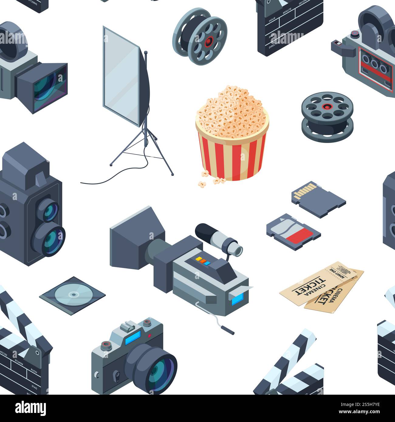 Vector cinematograph 3d isometric elements of set pattern or background illustration. Vector cinematograph isometric pattern or background illustration Stock Vector