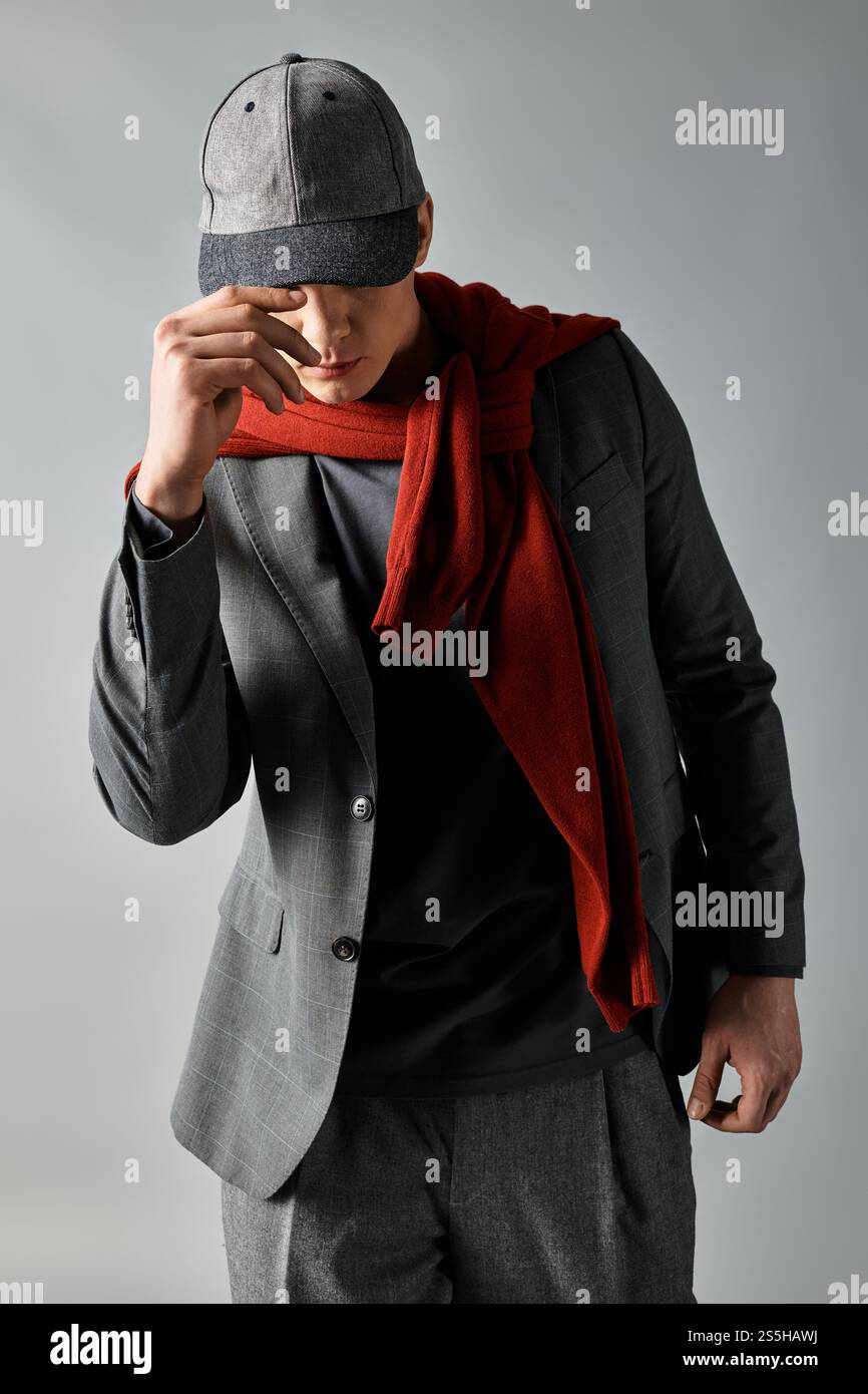 A young man confidently poses in a sleek outfit with a scarf and cap ...