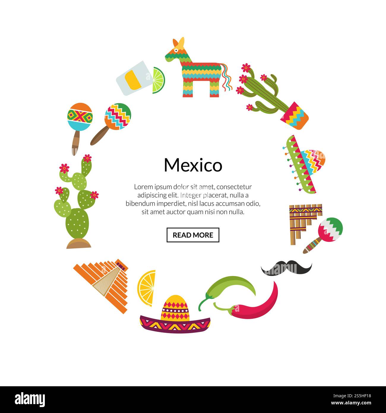 Vector flat Mexico attributes in circle shape with place for text illustration. Vector flat Mexico attributes in circle shape Stock Vector