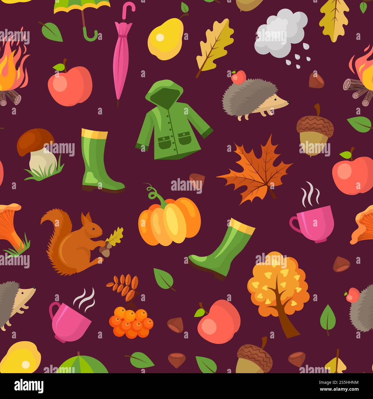 Vector cartoon autumn elements and leaves pattern or background ...