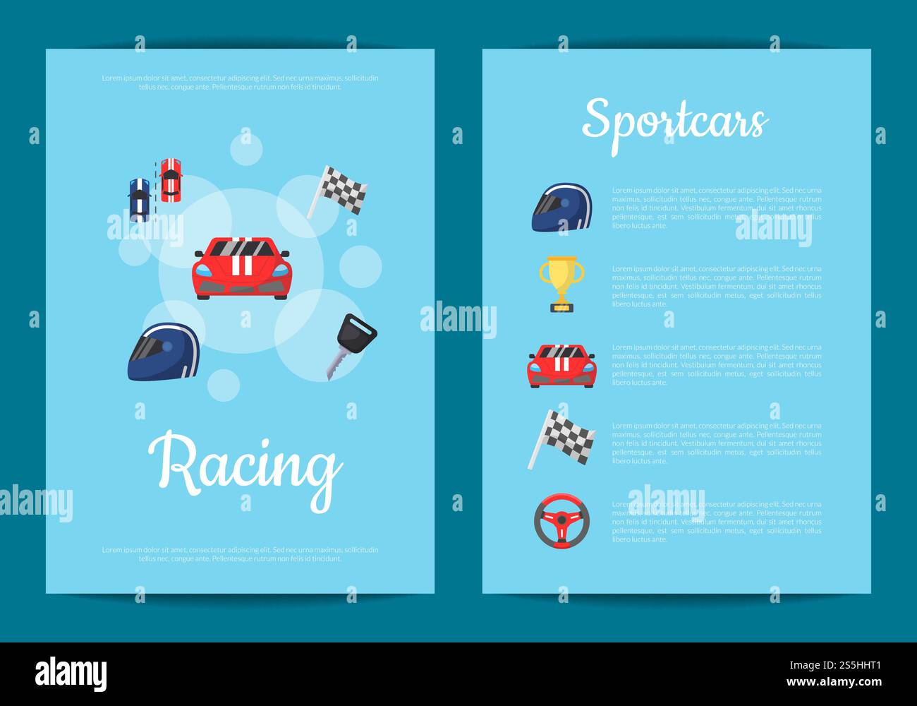 Vector flat car racing icons card or flyer of collection template ...