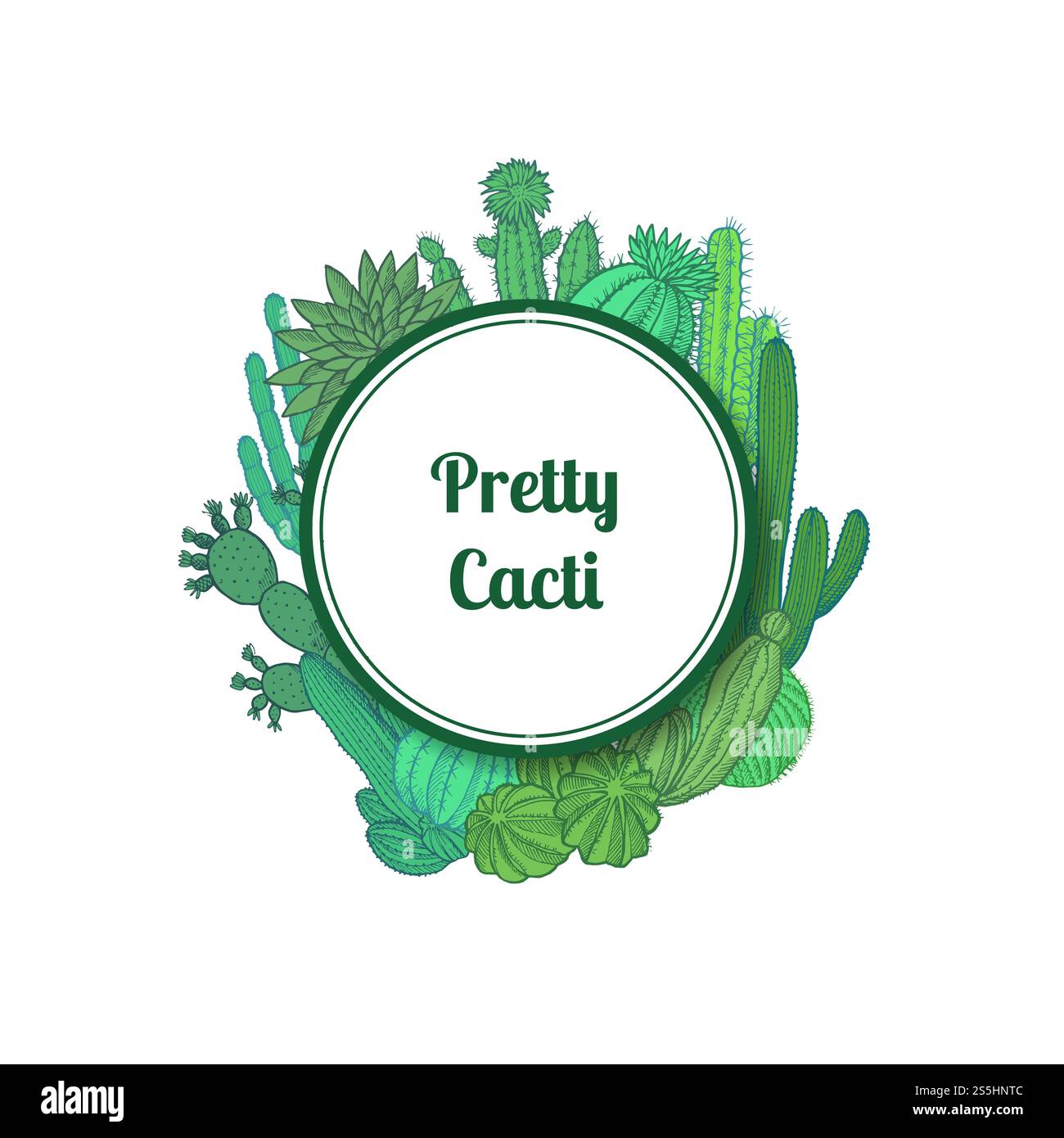 Vector hand drawn desert cacti plants under circle with place for text ...