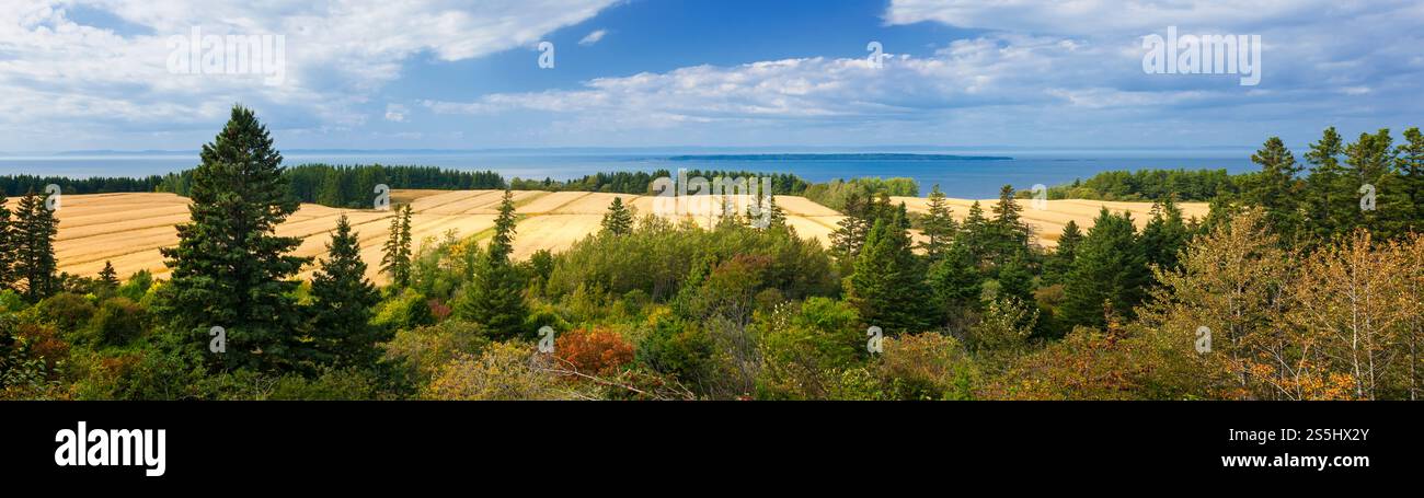 Scenic panoramic view of fields, forests and Gulf of St. Lawrence on Gaspe peninsula, Quebec, Canada Stock Photo