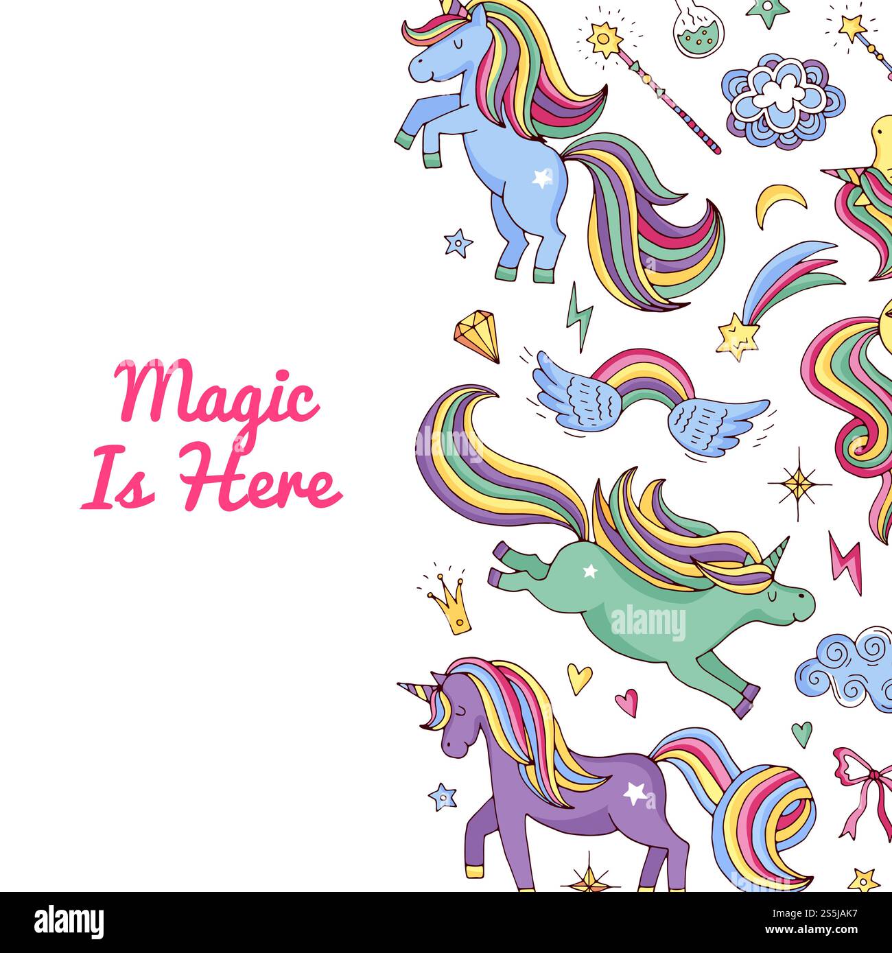 Unicorn pattern. Vector cute hand drawn magic unicorns and stars ...