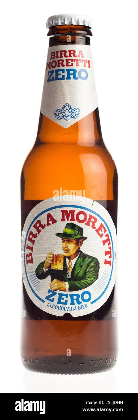 Bottle of non-alcoholic Italian Birra Moretti beer isolated on white background Stock Photo