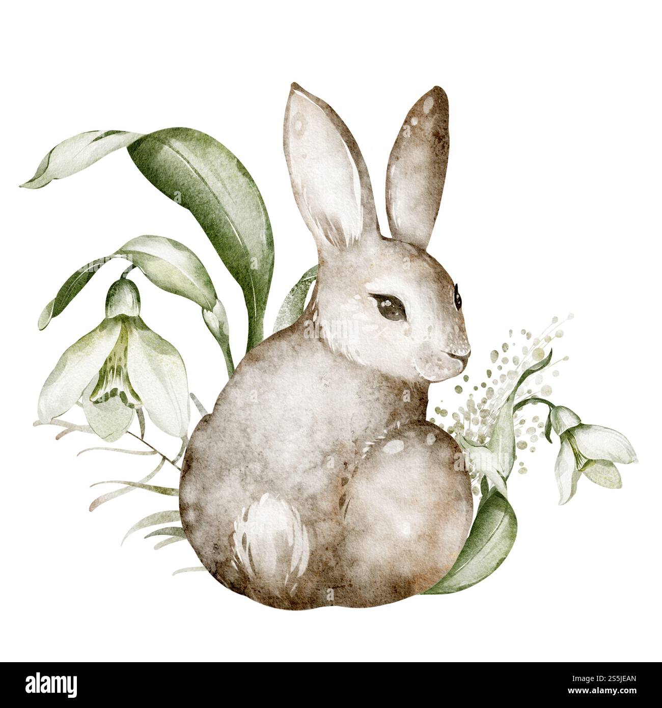 Spring Watercolour Rabbits Watercolor bunny illustration with spring flowers. Hand-drawn artwork ...