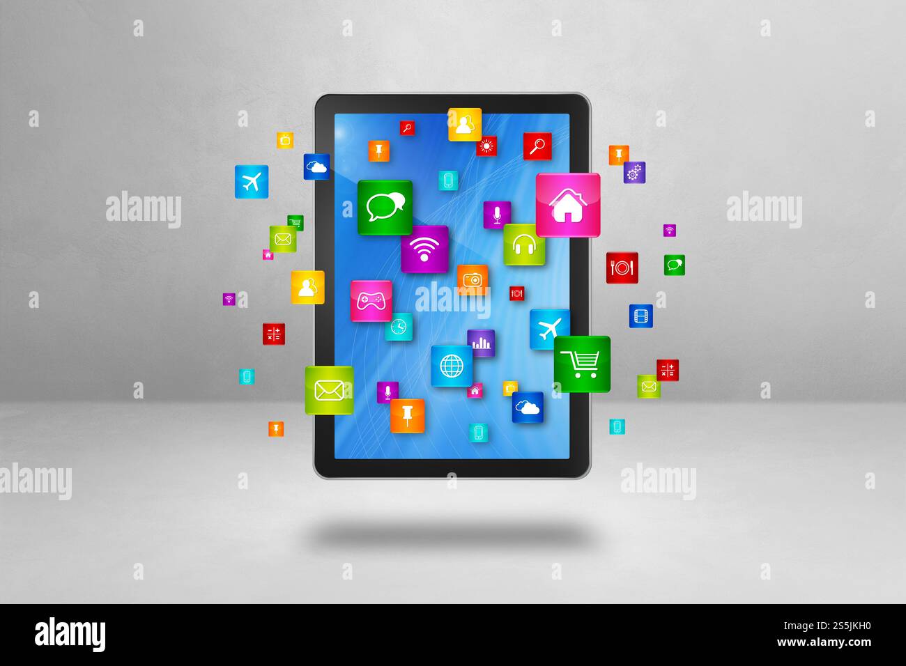 Flying icons around a tablet PC. Cloud computing concept. 3D ...