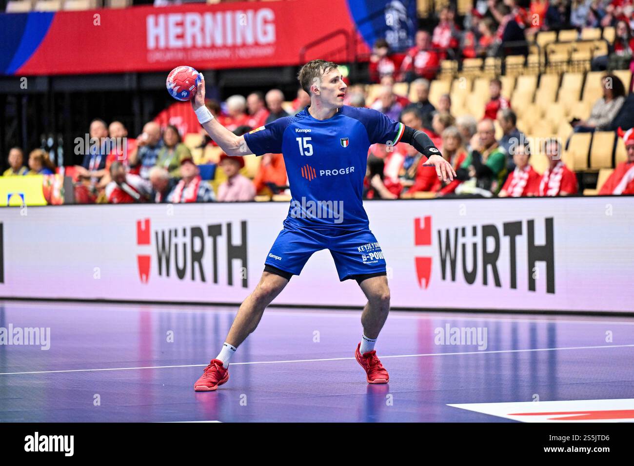 Herning, Denmark. 14th Jan, 2025. Simone Mengon of Italy during IHF Men ...