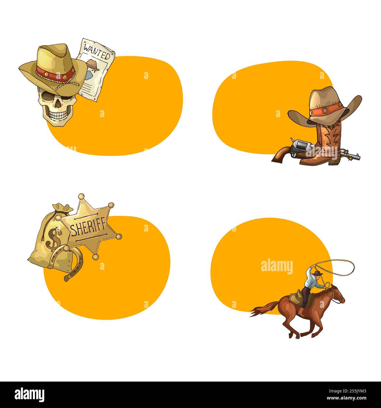 Vector hand drawn wild west cowboy elements stickers with place for ...