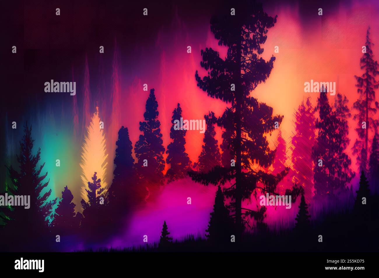 Beautiful winter forest at night and northern lights. Neural network AI ...