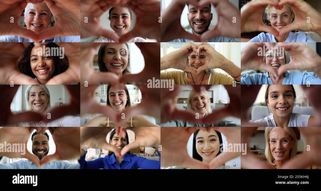 Collage of faces of different people showing symbol of love Stock Photo ...