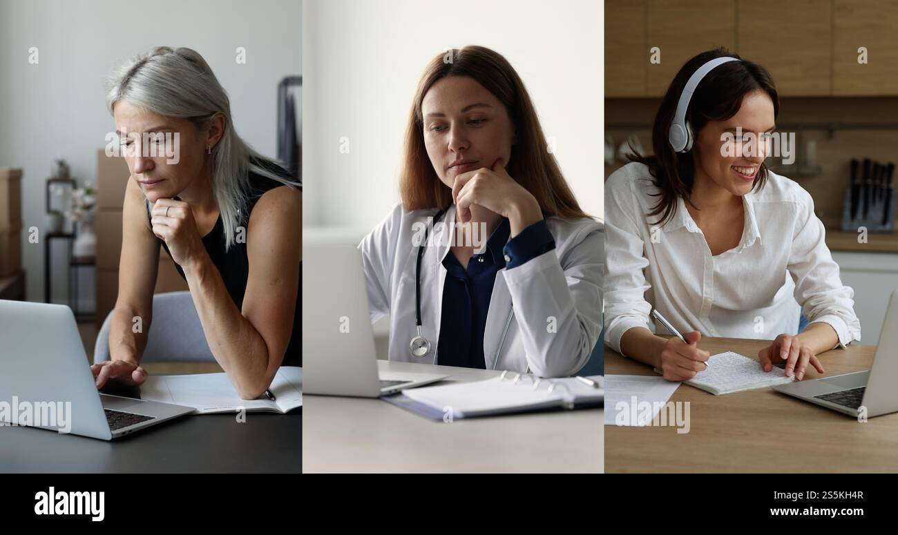 Collage view, workflow of three women using modern wireless technologies Stock Photo