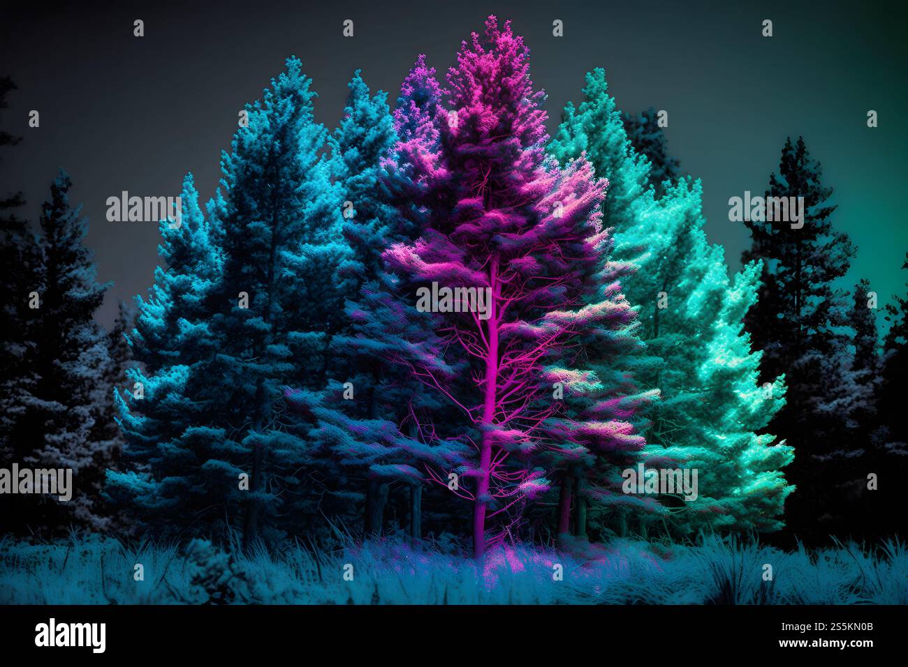 Beautiful winter forest at night and northern lights. Neural network AI ...