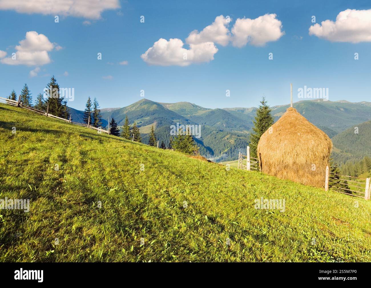 Summer mountain village outskirts with field and haystack Stock Photo