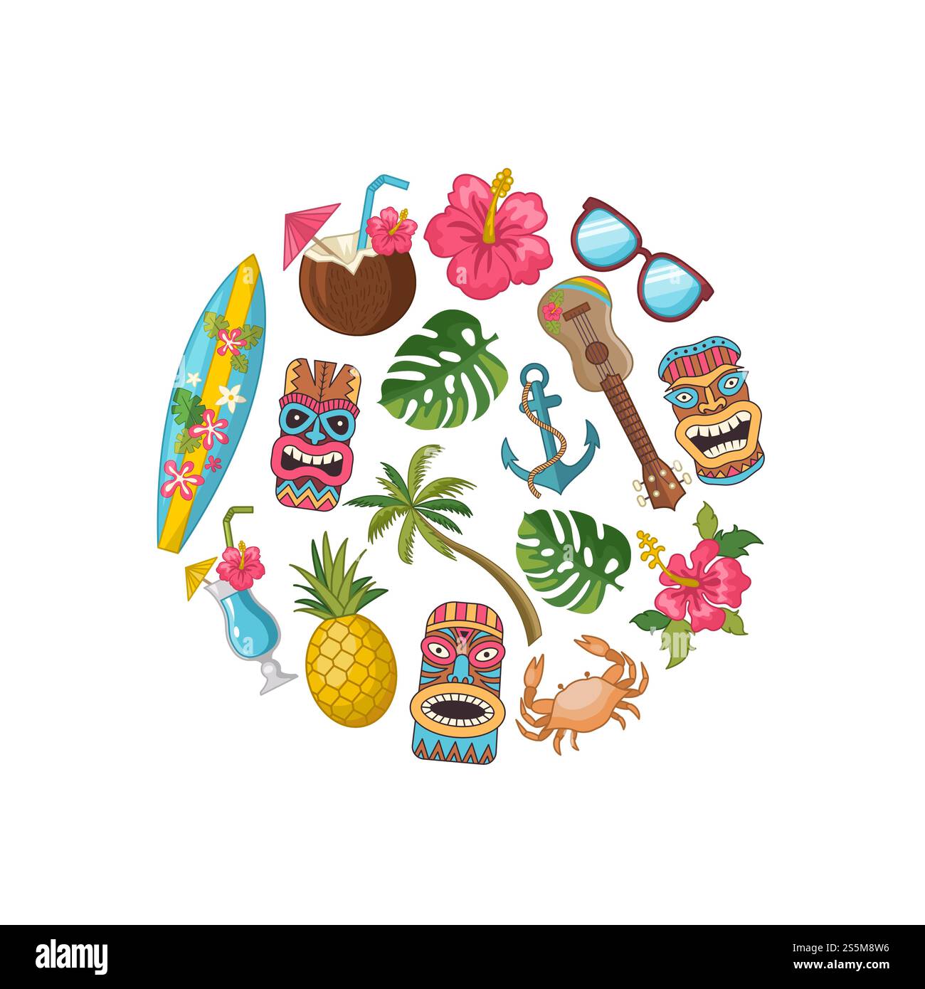 Vector cartoon summer travel elements in circle shape illustration ...
