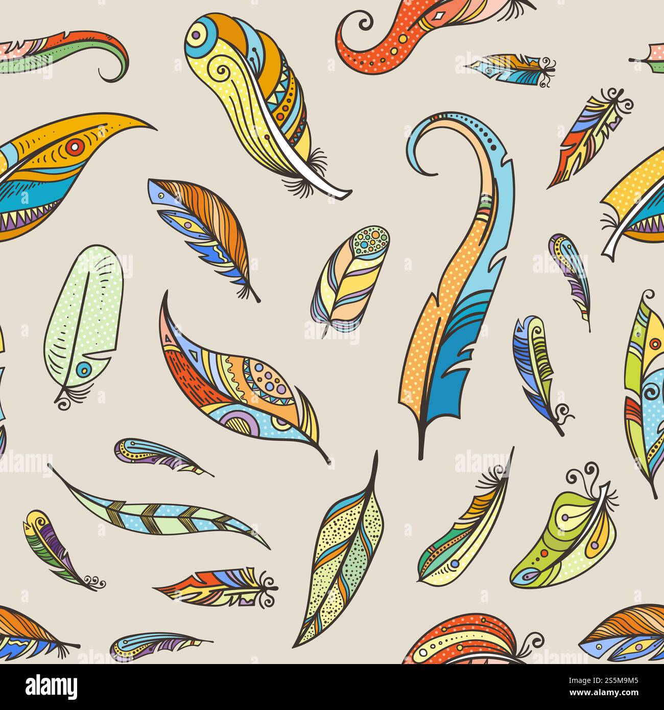 Vector boho doodle colored feathers seamless pattern or background ...